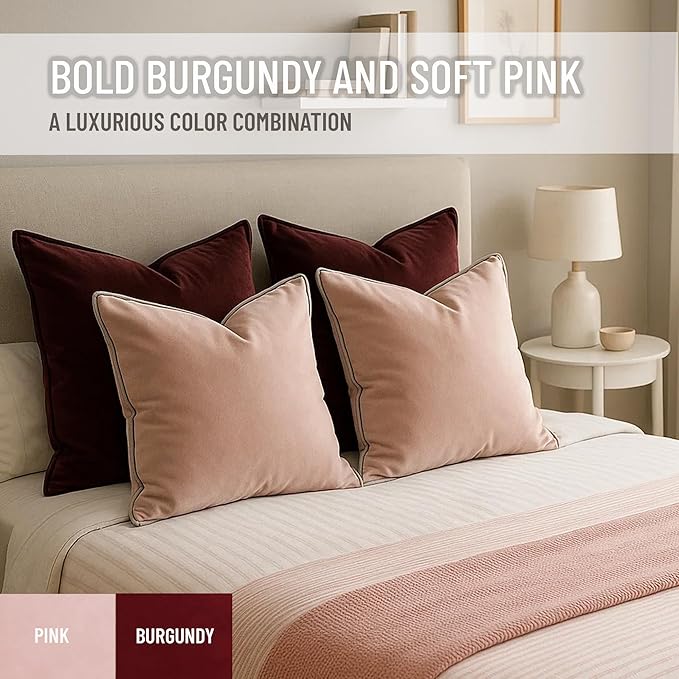 2 Pack Velvet Decorative Throw Pillow Covers, 18"x18", Pink and Grey, Solid, Modern, Contrast Piping, Indoor Use, Bedroom & Living Room