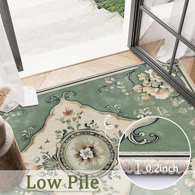 6x9 Traditional Oriental Area Rug Boho Green Rug Non Slip Low Pile Large Carpet for Home Kitchen Living Room Bedroom Dining Room Office