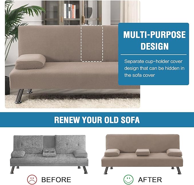 H.VERSAILTEX 4 Pieces Stretch Futon Covers Sofa Bed Slipcover with Removable Armrests and Cupholders Covers Furniture Protector High Spandex Small Checks Jacquard Fabric, Sand