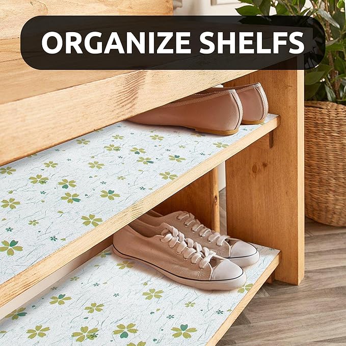 RAY STAR 18X96 Inch Shelf Liner for Kitchen Cabinets, Non-Adhesive Cabinet Liner Washable, PVC Drawer Liner for Dresser Non-Slip Bathroom (Green-Floral)(4 Roll)