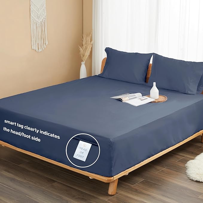 Sunflower Twin Fitted Sheet, 1-Piece Deep Pocket Fitted Bottom Sheet 15", 100% Cotton Sateen Soft Breathable, Blue Indigo