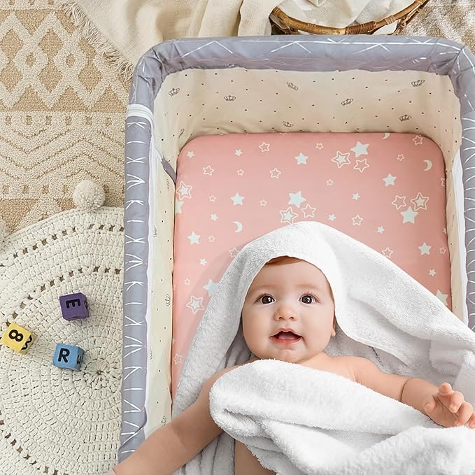3 Pack Soft Strecthy Bassinet Sheets - 33"x20" Bedside Bassinet Sheets for Baby Delight, Angelbliss, Maxi-COSI & Most Bedside Sleeper | Breathable & Skin Friendly Bassinet Fitted Sheets for Girls