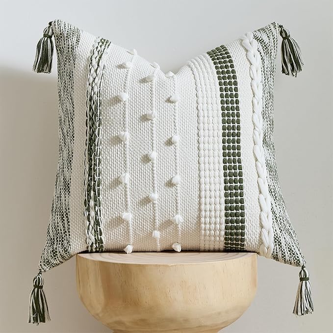 Boho Pillow Cover 18x18 Olive Green - Handmade Woven Textured Throw Pillow Case with Cordings & Tassels, Decorative Accent for Couch Sofa Farmhouse Living Room Home Decor