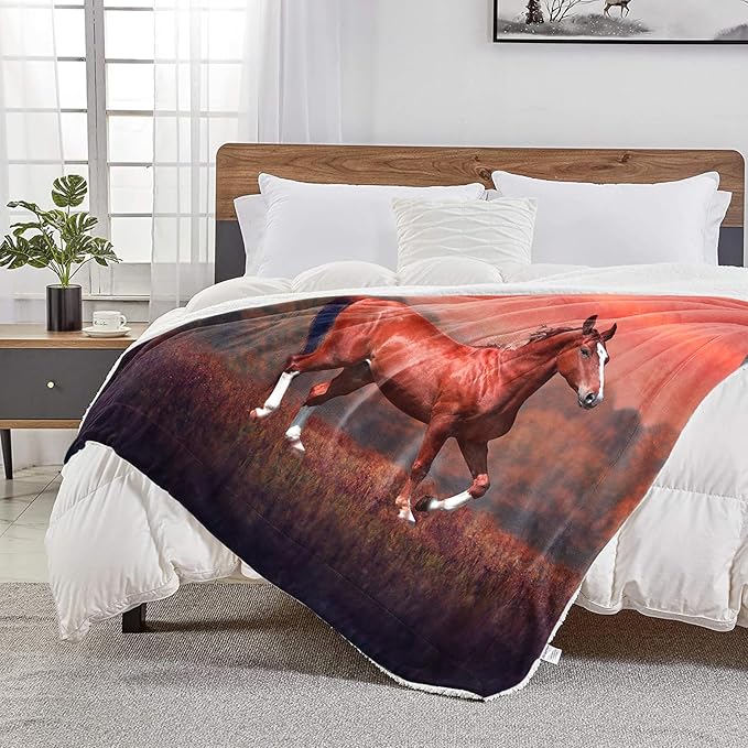 Sunset Horse Throw Blanket for Couch, Super Soft Fuzzy Throws Warm Comfortable Plush Fleece Blanket, Fashion Decorative Flannel Fleece Blanket for All Season(50 x 60 in, Horse & Sunset)