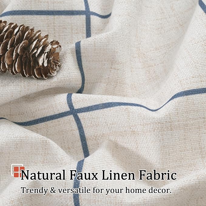 Navy Blue Linen Blackout Curtains for Living Room - Plaid Patterned Curtains 72 Inch Long, Boho Black Out Thermal Insulated Drapes for Bedroom Grommet Style 52x72 Inch 2 Panels