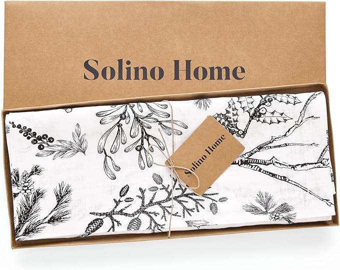 Solino Home 100% Pure Linen Christmas Table Runner 120 Inches Long - Black/White Table Runner 14 x 120 Inch - Handcrafted and Machine Washable - Winter Forest Print