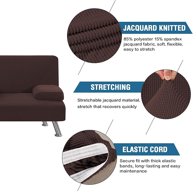 H.VERSAILTEX 4 Pieces Stretch Futon Covers Sofa Bed Slipcover with Removable Armrests and Cupholders Covers Furniture Protector High Spandex Small Checks Jacquard Fabric, Chocolate