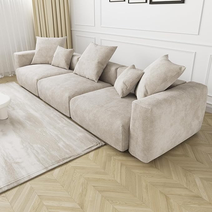 JACH Corduroy Modular Sectional Couch, Oversized Sectional Sofa, Cushion Covers Removable, Modern Deep 3-Seat Couches for Living Room, Office (Beige)