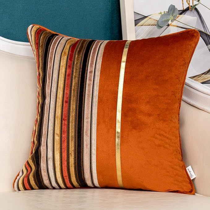 Yangest Orange Striped Patchwork Throw Pillow Cover Gold Leather Cushion Cover Zippered Pillowcase for Sofa Couch Bedroom Living Room Home Decoration,18x18 Inch