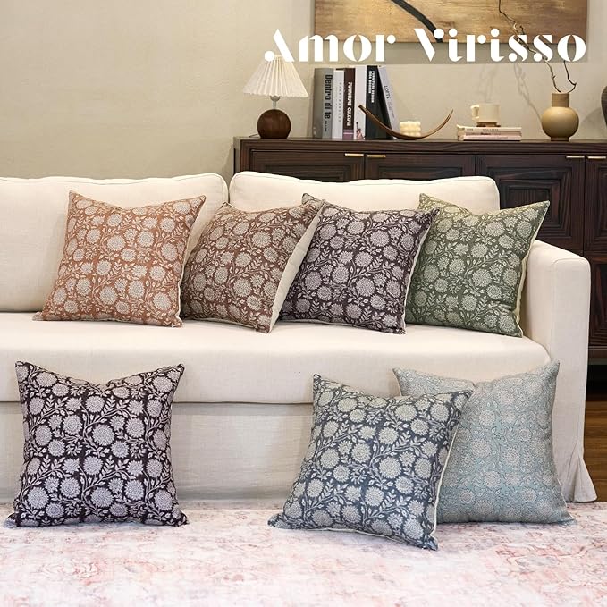 Amor Virisso Floral Pillow Covers 18x18 Throw Pillow Covers Vintage Block Print Pillow Cover Neutral Couch Pillows for Living Room Farmhouse Decorative Accent Sofa Pillows, Light Camel