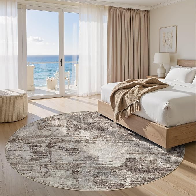 Abstract Living Room Rug 9x9 - Modern Washable Soft Thin Area Rug for Living Room Bedroom Under Dining Table - Neutral Indoor Floor Rug Carpets for Home Office Playroom Nursery - Brown