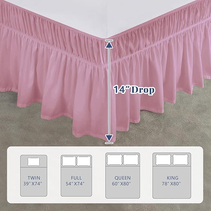 King Bed Skirt, Elastic Wrap Around Bed Skirt King Size, Bed Skirts for Adjustable Bed, Easy Fit with 14" Drop Length Tailored Drop Dust Ruffle (Pink)