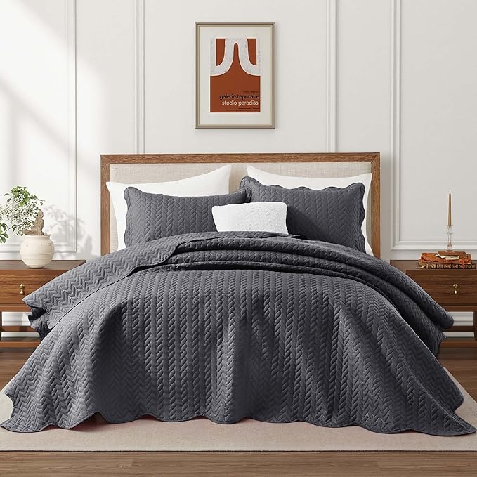 IR Imperial Rooms 8 Pack Quilt King Size Bedding (106" x 96") - Bulk Wholesale for Hotels, Guest Bedroom & Airbnbs - Lightweight Microfiber Reversible Embossed Quilts Bedspread (Charcoal)