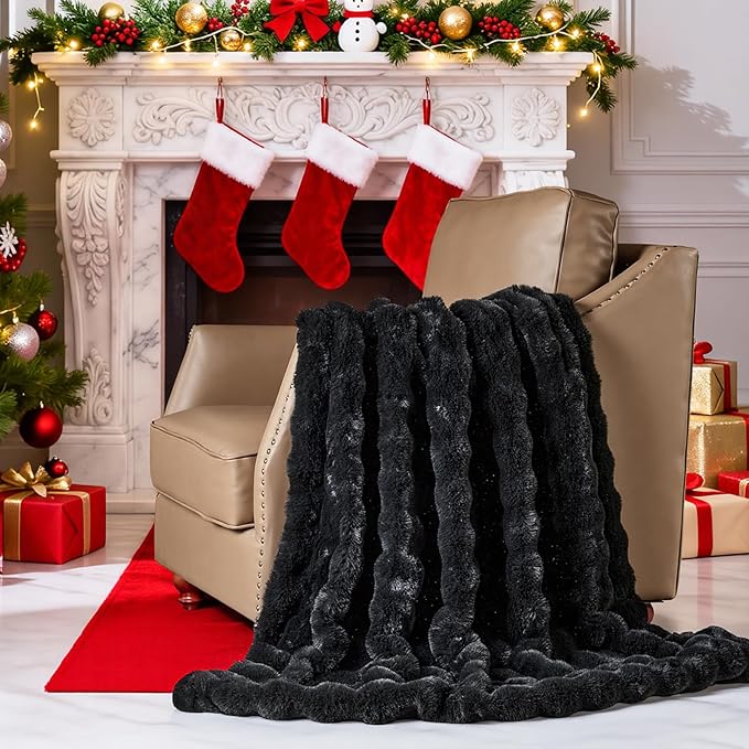 Lotus Karen Faux Fur Blanket Black - Big Bubble Rabbit Fluff King Throw for The Bed Large Fluffy Fuzzy Cozy Thick Furry Plush Shaggy Blankets 108x90 Inches