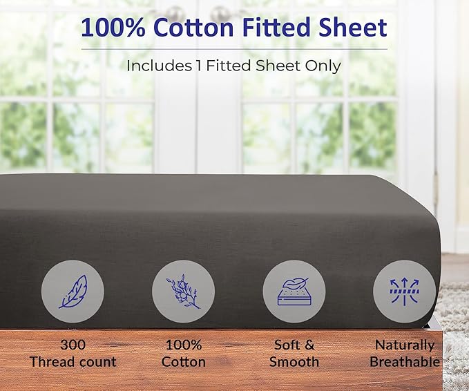 ROYALE LINENS 300 Thread Count 100% Long Staple Combed Cotton Fitted Sheet California King - Super Soft Deep Pocket Bottom Sheet - Fitted Sheets Only - Elastic Sheets (Cal King, Grey)