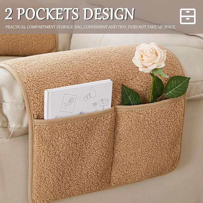 Armrest Cover, Recliner Chair Protector, Furniture Protector Slip, Side Storage Pocket, Stretch Armchair Couch Arm Rest Cover for Recliner, Chair, Sofa (Camel,3 Seater(5pcs))