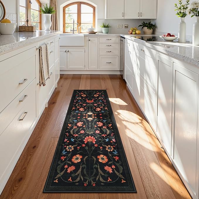 LIVEBOX Washable Runner Rug - Boho Floral 2x6 Kitchen Rug, Non-Slip Carpet Runners for Hallway 6ft, Soft Low-Pile Runner Rugs for Entryway Hallways Laundry Room Bedroom Farmhouse (2x6 ft, Black)