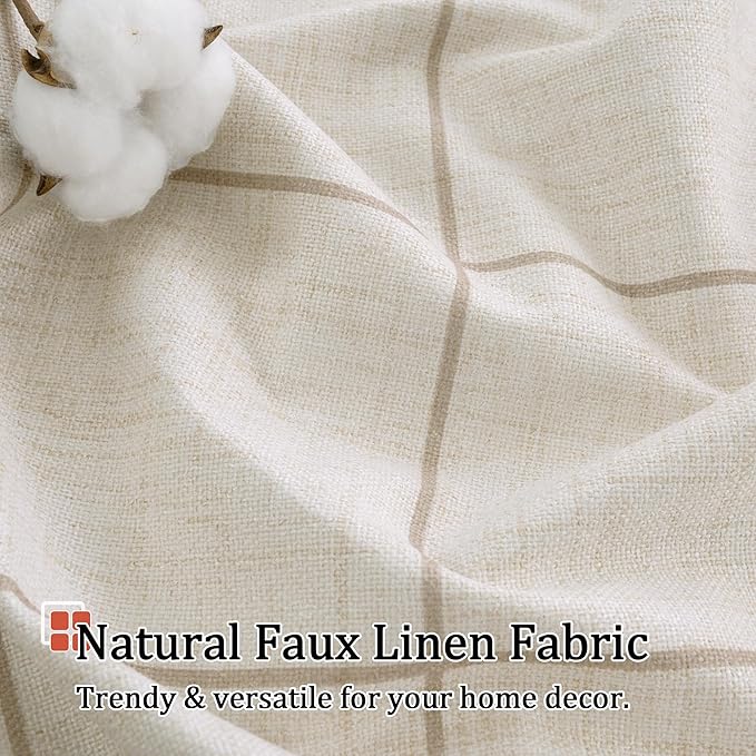 Linen Blackout Curtains for Living Room - Plaid Patterned Curtains 72 Inch Long, Boho Black Out Thermal Insulated Drapes for Cottage Bedroom Grommet Style 52x72 Inch 2 Panels, Natural