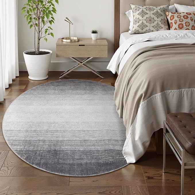 Wonnitar Modern Ombre Washable Round Area Rug 5ft, Grey Round Rugs for Living Room, Non-Slip Large Circle Bathroom Throw Mat, Stain Resistant Low Pile Throw Carpet for Bedroom (Grey, Round 5ft)