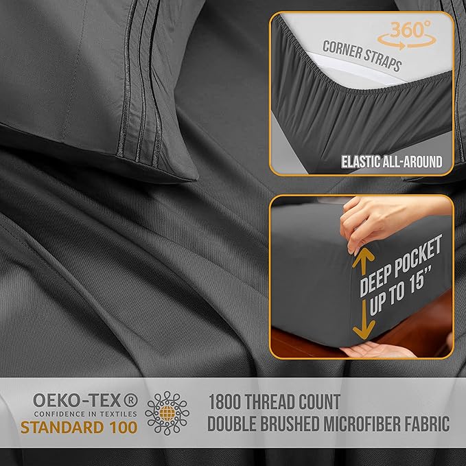 Queen Sheet Set - Luxury Hotel Bed Sheet - Soft Cooling Sheets with Elastic Corner Straps - Deep Pockets Microfiber Bedsheet - Bedding Sheets & Pillowcases - 4 Piece (Queen Size, Gray)