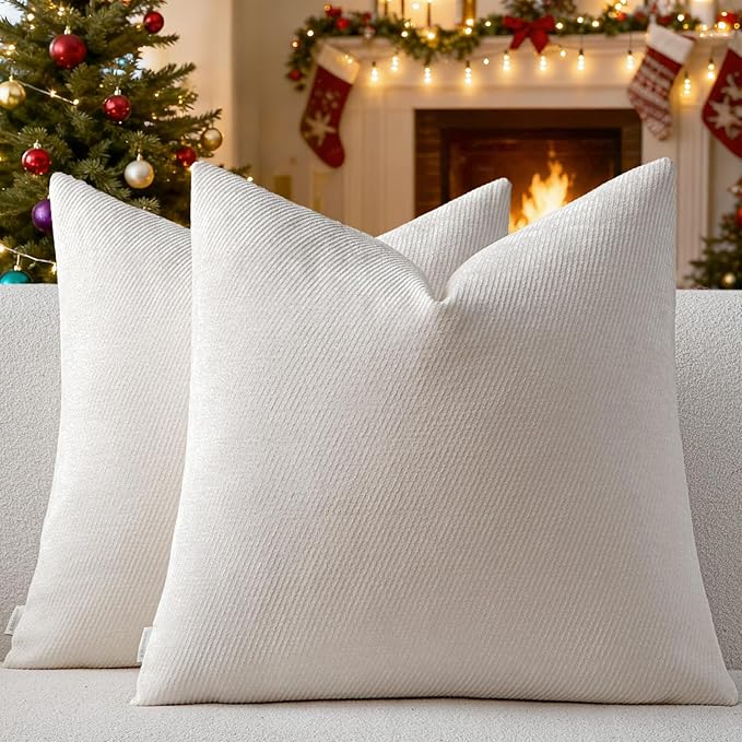 a moment Pack of 2 Decorative Chenille Throw Pillow Covers with Twill Cushion Covers for Sofa Living Room Couch Bed 20x20 Inch Raw White