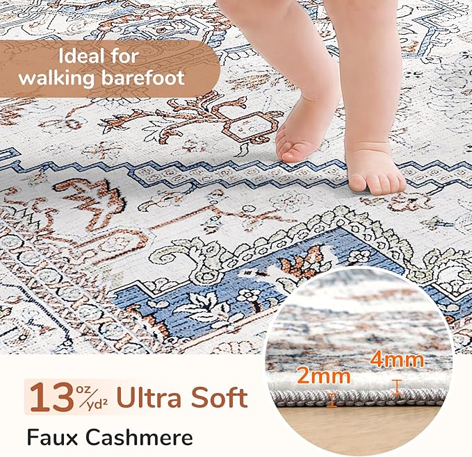 OPPODREAM Thin Neutral Area Rugs 4x6, Low-Pile Washable Rugs 4x6 with Non Slip Backing, Faux Cashmere 4 x 6 Throw Carpet, Cream White & Blue & Light Brown