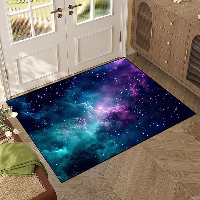 2'7" x 3'11" Galaxy Area Rug Dark Blue Outer Space Doormat for Kids Bedroom Living Room Glitter Starry Sky Carpets Throw Rugs, 47'' X 31''