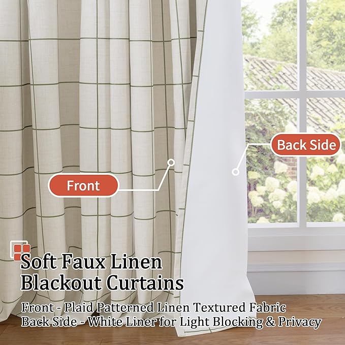 Plaid Patterned Curtains Thermal Insulated - 96 Inches Extra Long Total Linen Blackout Curtains for Living Room, Boho Drapery for Farmhouse Bedroom 52x96 Inch 2 Panels, Dark Green