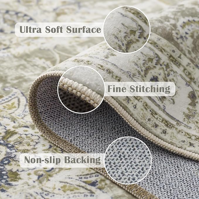 jinchan Fiora Washable Area Rug 5x7 Ultra-Thin Low Pile Non Slip Stain Resistant Soft Faux Wool Floral Distressed Vintage Carpet for Bedroom, Living Room, Dining Room, Kitchen, Nursery(Taupe, 5' x 7')