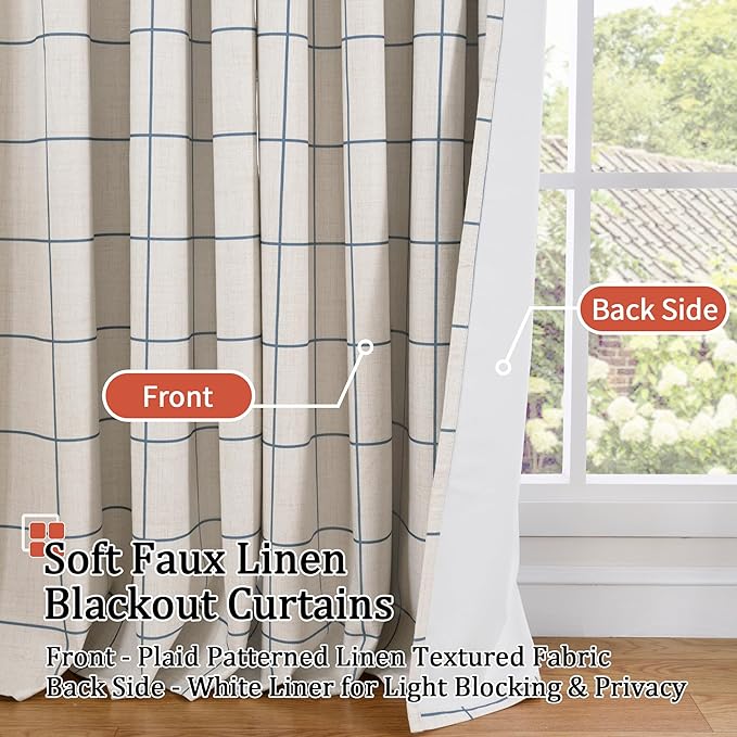 Navy Blue Linen Blackout Curtains for Living Room - Plaid Patterned Curtains 72 Inch Long, Boho Black Out Thermal Insulated Drapes for Bedroom Grommet Style 52x72 Inch 2 Panels