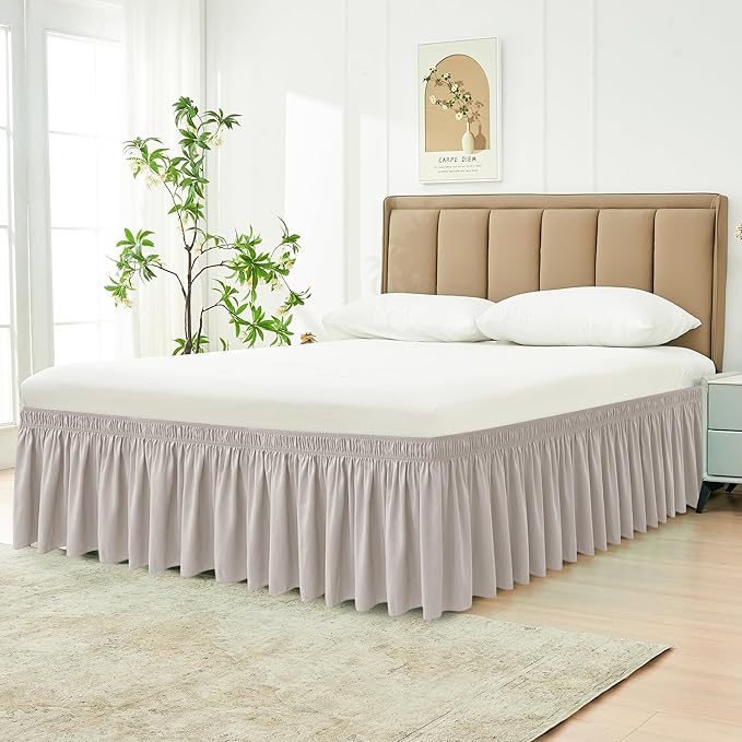 Biscaynebay Wrap Around Bed Skirts for Queen Beds 16" Drop, Camel Grey Adjustable Elastic Dust Ruffles Easy Fit Wrinkle Resistant Silky Luxurious Fabric Machine Washable