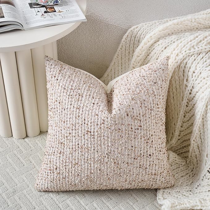Striped Throw Pillow Covers 22x22 Set of 2 Beige Textured Boucle Chic Morden Boho Accent Farmhouse Square Decorative Couch Pillow Covers for Home Decor Bed Sofa Living Room
