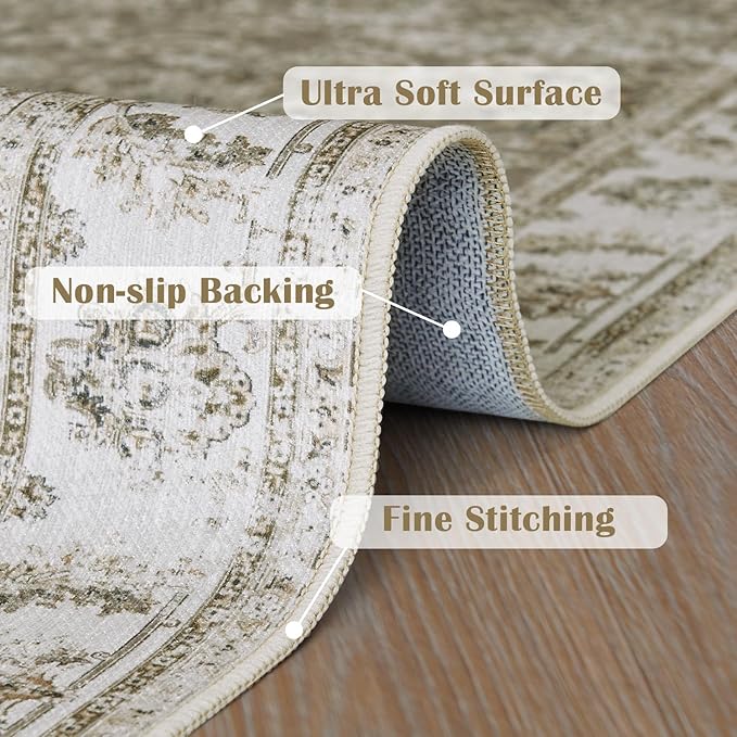 jinchan Fiora Runner Rug 3x8-2pcs Kitchen Washable Vintage Hallway Rug Floral Print Floor Cover Indoor Thin Retro Mat Accent for Bathroom Laundry Room Bedroom Office Farmhouse (Double, Taupe)