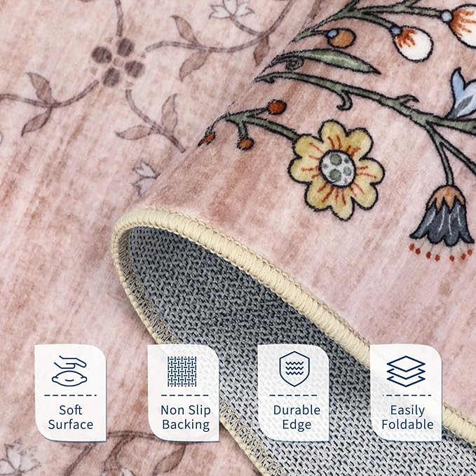 GarveeHome 10x13 Washable Floral Area Rugs for Living Room: Modern Floral Non Slip Large Area Rugs for Bedroom, Large Machine Washable Living Room Low Pile Carpet with Non-Slip Backing Pink 10'x13'.