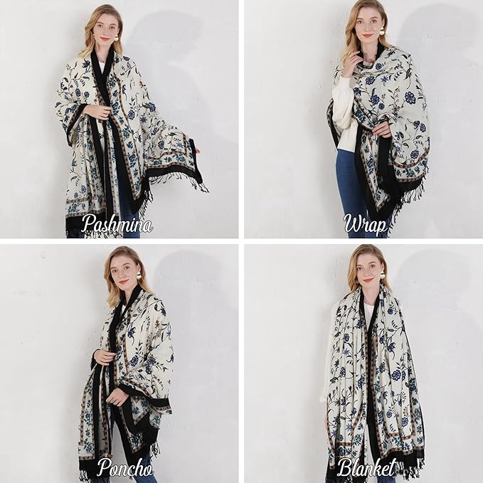 DANA XU 100% Merino Wool Pashmina Shawl for Women 96"x43", Oversized Cashmere Wrap with Tassels, Floral Travel Blanket Cape