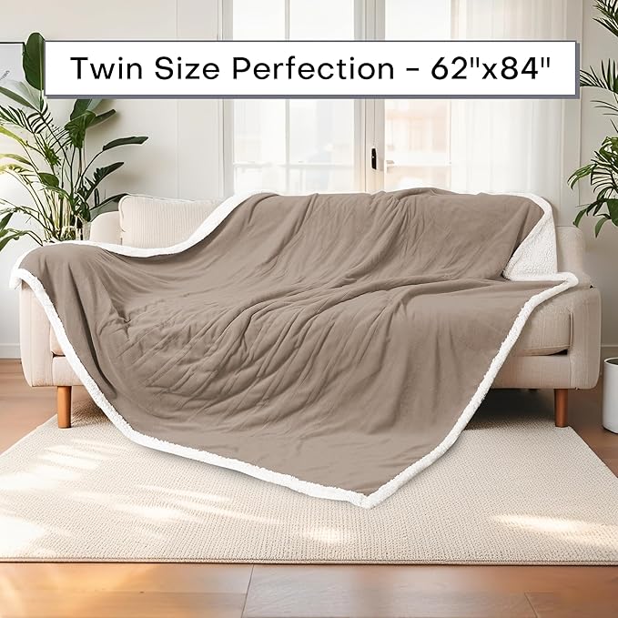 Electric Heated Blanket Twin Size 62"x84" - Dual-Sided with Microplush & Sherpa Fabric, 4 Heat Settings & 10 Hours Auto Off, Machine Washable - Light Brown