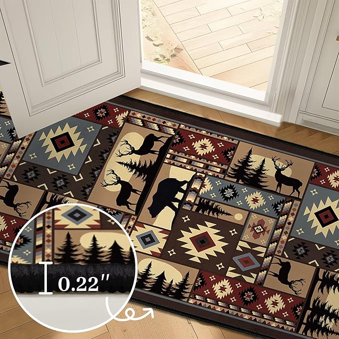 Rustic Rug 2x4,Cabin Wildlife Buffalo Plaid Bear Moose Deer Country,Ultra-Thin Throw Carpet Washable Kitchen Rug Runner Vintage Entryway Floor Mat Non Slip Indoor Door Mat for Hallway,Bedroom,Bedside