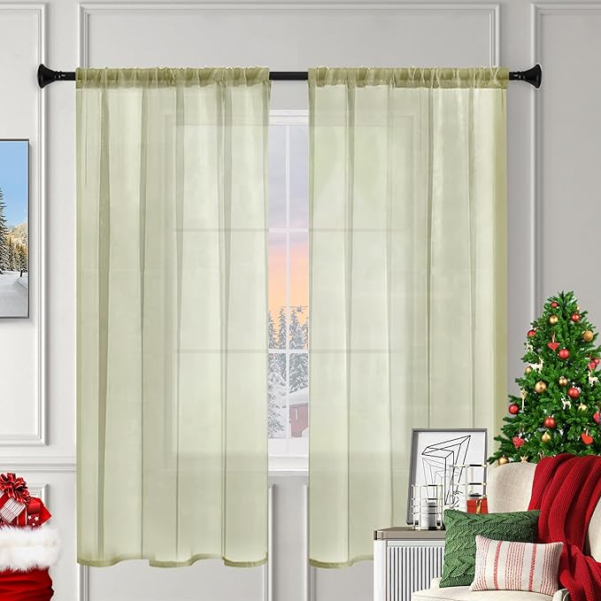 Sheer Curtains 63 Inches Long 2 Panels, Rod Pocket Short Curtain for Kitchen, Bedroom, Cafe Window(Sage Green 38" W x 63" L)