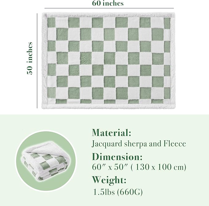 Checkered Dog Blanket, Sage Green Jacquard Sherpa Blankets for Small Dog and Cats, Cute Aesthetic Style Fluffy Fleece Pets Blanket for Couch Protection Washable, 40"x50"