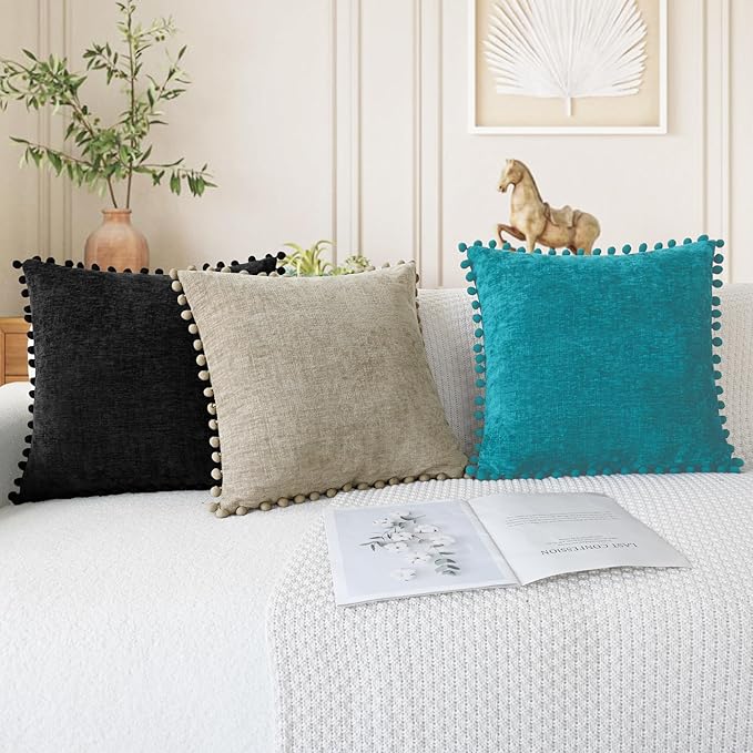CaliTime Throw Pillow Covers Decorative 22 X 22 Inches Pack of 2 Cozy Solid Dyed Soft Chenille Cushion Cases with Pom Poms for Couch Sofa Bed Living Room Home Lake Blue