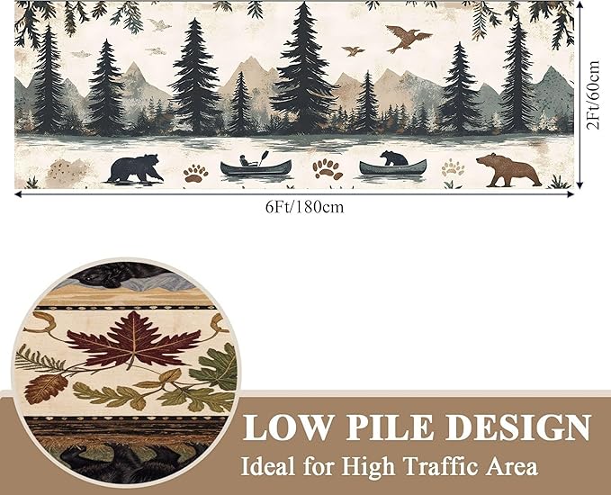 Retro Bear Claw Mountain Runner Rug 2x8ft with Elk Cabin - Non-Slip Bohemian Rug, Washable Floor Mat for Balcony Corridor, River Landscape Art