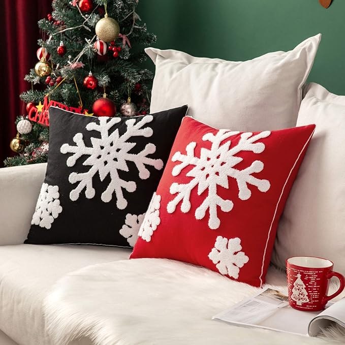 MIULEE Pack of 2 Christmas Decorative Snowflake Throw Pillow Covers Canvas Embroidery Winter Cushion Cases Holiday Decor Soft Pillowcases for Winter Couch Sofa Bedroom Car（Red, 20x20in）