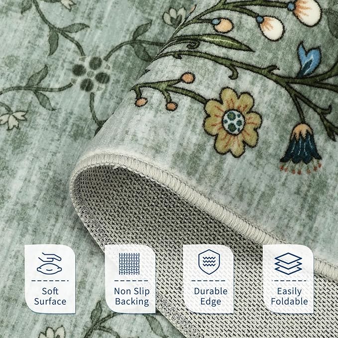 GarveeHome 8x10 Washable Floral Area Rugs for Living Room: Modern Floral Non Slip Large Area Rugs for Bedroom, Large Machine Washable Living Room Low Pile Carpet with Non-Slip Backing Green 8'x10'.