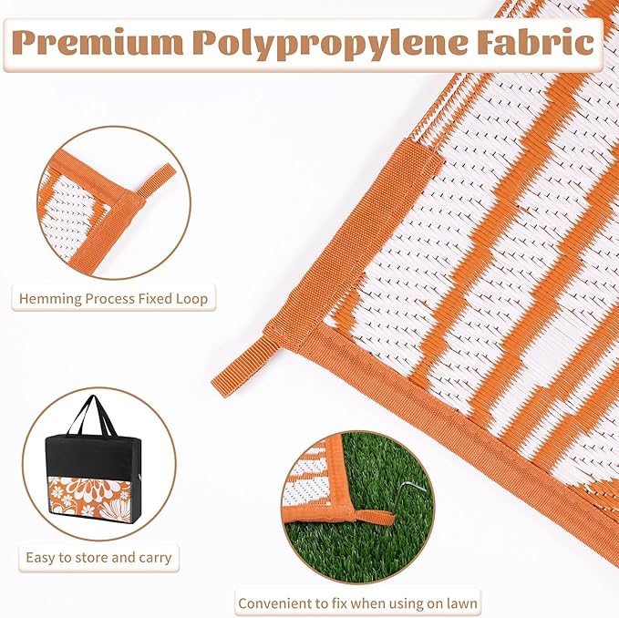 Ileading Outdoor Plastic Straw Rug 8x10ft Funny Floral Style Reversible Patio Area Rugs Waterproof Non Shedding Portable Carpets for Rv Outside Deck Pool Beach Picnic Camping (Orange)