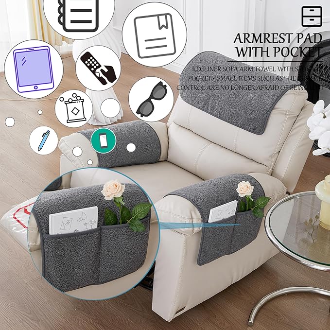 Armrest Cover, Recliner Chair Protector, Furniture Protector Slip, Side Storage Pocket, Stretch Armchair Couch Arm Rest Cover for Recliner, Chair, Sofa (Light Gray,2 Seater(4pcs))