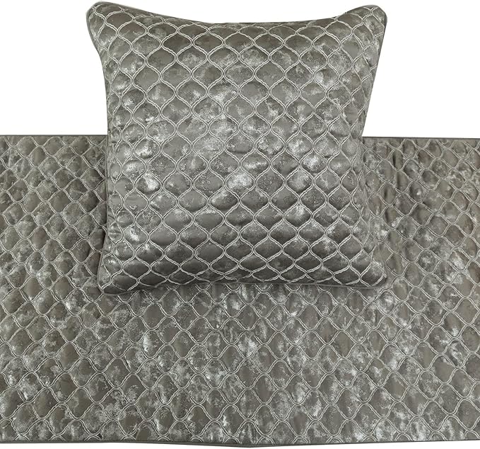 The HomeCentric King/Queen/Twin Grey & Silver Designer CA King 86"x18" Bed Runner Without Pillow Cover, Quilted, Foil & Trellis Bed Scarf on Silk Fabric - Jumanah