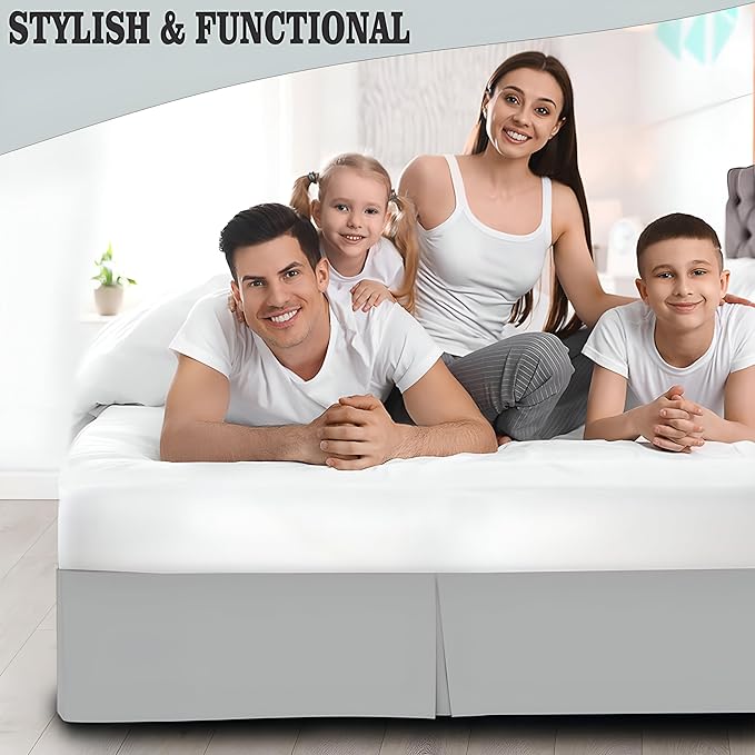 Pleated Bed Skirt King Size, 18" Drop with Platform Design for Secure Fit, Split Corners, Wrinkle-Resistant Microfiber for Modern Stylish Look, Tailored Bedding for Hotel Luxury - Light Grey
