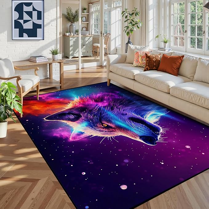 5' X 7' Galaxy Wolf Rug 3D Fierce Wolves Area Rugs for Bedroom Living Room Playroom Gameroom Boys Kids Colorful Glitter Throw Rugs Floor Mat Carpet
