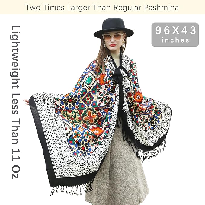 DANA XU 100% Merino Wool Extra Large Pashmina Blanket Travel Scarf Cashmere Wrap for Women Fall Winter Oversize Shawl Floral