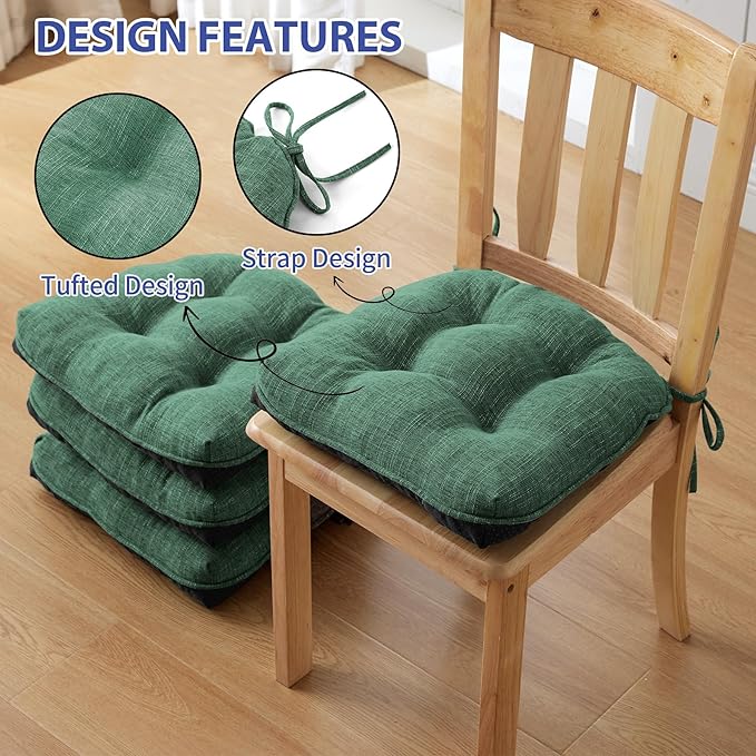 Chair Cushions for Dining Chairs Set of 4, Kitchen Chair Cushions, Chair Pads with Ties Non Slip Backing, Christmas Room Decor, Tufted Memory Foam Seat Cushion 4 Pack, 18"x18"x4", Dark Green